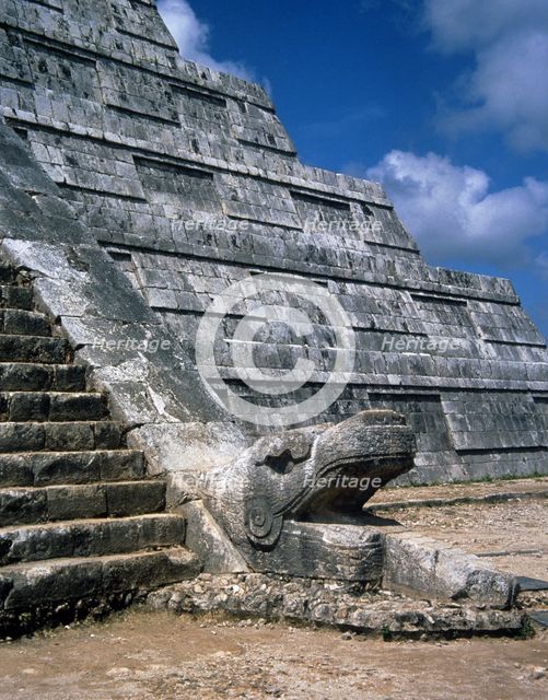 Base of El castillo, Serp sculpture, Chichen Itza, Yucatan, Mexico, Mayan, 900-1224 (1998). Creator: Unknown.