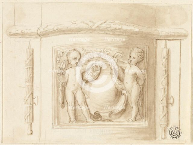 Base of Pilaster with Relief, with 2 Putti, Shield, n.d. Creator: Thomas Stothard.