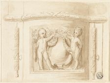 Base of Pilaster with Relief, with 2 Putti, Shield, n.d. Creator: Thomas Stothard