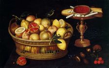 Basket of citrus fruits and étagère with sweets, 1620-1622. Creator: Godin (Codino), Franz (Francesco) (c. 1590-after 1621)