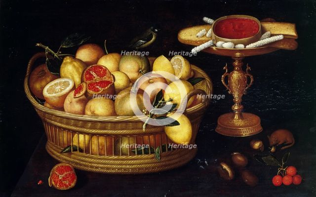 Basket of citrus fruits and étagère with sweets, 1620-1622. Creator: Godin (Codino), Franz (Francesco) (c. 1590-after 1621).