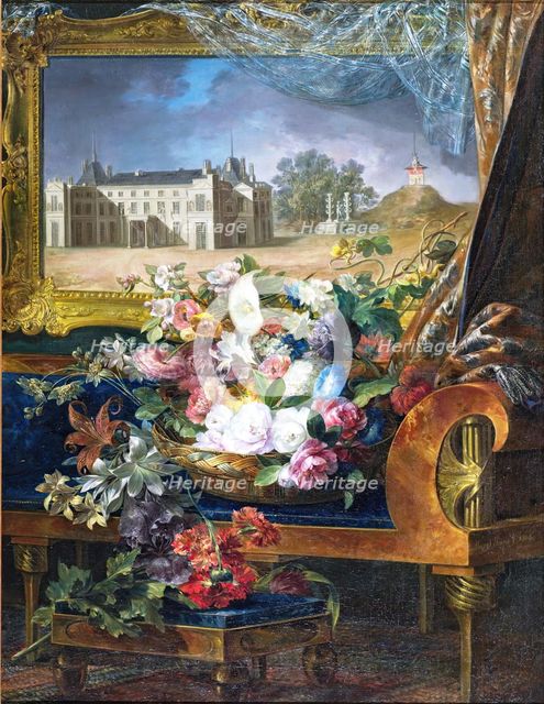 Basket of Flowers and View of a Royal Palace of Valencia, 1844. Creator: Miguel Parra Abril.