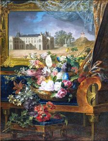 Basket of Flowers and View of a Royal Palace of Valencia, 1844. Creator: Miguel Parra Abril