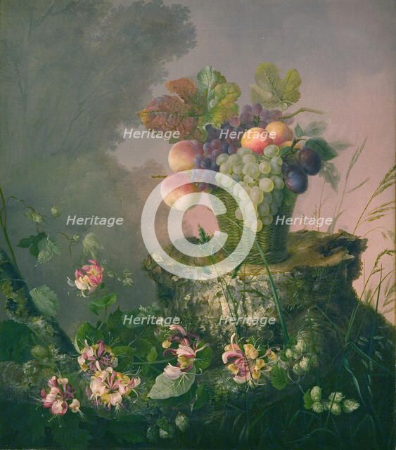 Basket of Flowers standing on a Tree Stump, 1814-1875. Creator: Hermania Neergaard.