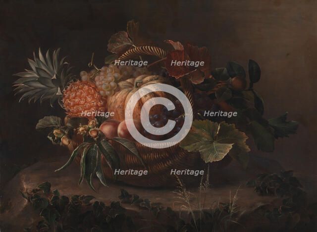 Basket of fruit on a tree stump, 1844. Creator: Johan Laurentz Jensen.