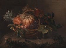 Basket of fruit on a tree stump, 1844. Creator: Johan Laurentz Jensen