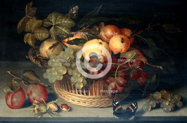 'Basket of Fruit and Admiral Butterfly on Stone Table', 1610.  Artist: Joannes Busschaert