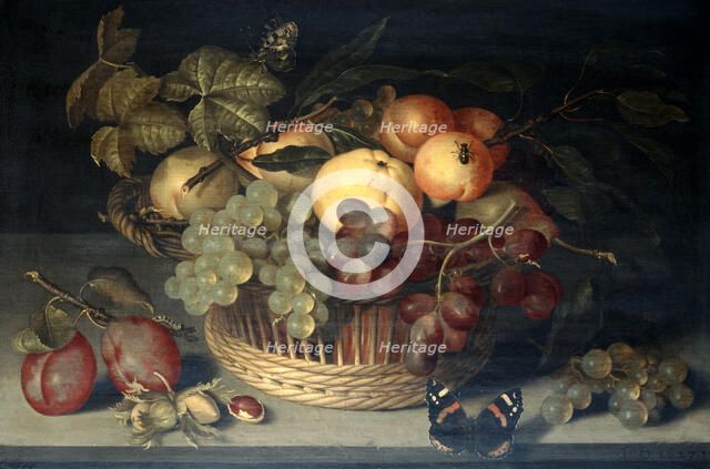 'Basket of Fruit and Admiral Butterfly on Stone Table', 1610.  Artist: Joannes Busschaert