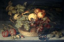 Basket of Fruit and Admiral Butterfly on Stone Table 1610. Artist: Joannes Busschaert