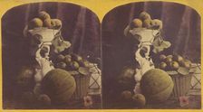 Basket and vase filled with fruit, cantalope at base, about 1865. Creator: Unknown