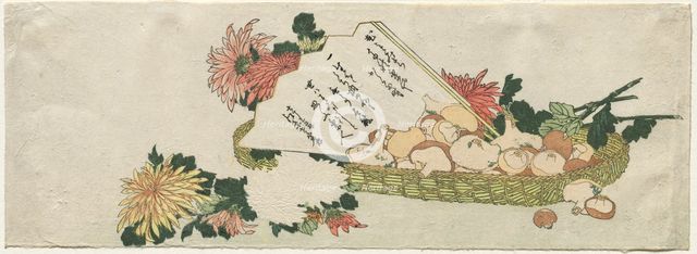 Basket with Fan, Chrysanthemums, and Mushrooms, early 1800s. Creator: Katsushika Hokusai (Japanese, 1760-1849), attributed to.