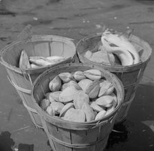 Baskets of seafood at the Fulton fish market, New York, 1943. Creator: Gordon Parks