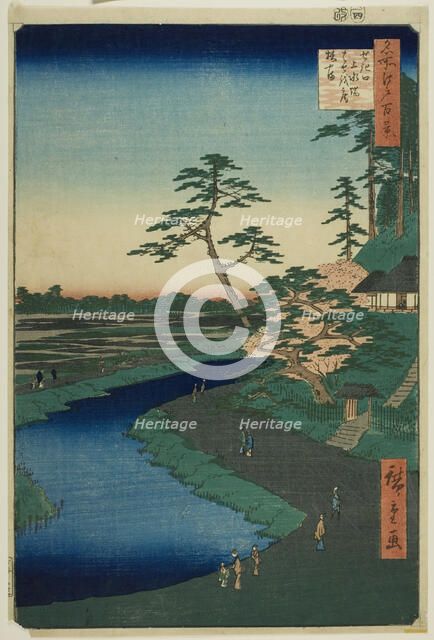 Basho's Hut on Camellia Hill Beside the Aquaduct at Sekiguchi, from the series "One Hundred...,1857. Creator: Ando Hiroshige.