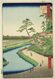 Basho's Hut on Camellia Hill Beside the Aquaduct at Sekiguchi (Sekiguchi josui-bata..., 1857. Creator: Ando Hiroshige