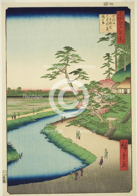 Basho's Hut on Camellia Hill Beside the Aquaduct at Sekiguchi (Sekiguchi josui-bata..., 1857. Creator: Ando Hiroshige.