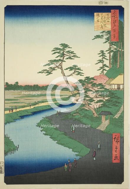 Basho's Hut on Camellia Hill Beside the Aquaduct at Sekiguchi (Sekiguchi josui-bata..., 1857. Creator: Ando Hiroshige.