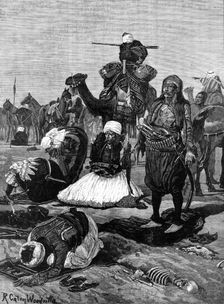 Bashi-Bazouks on the march: a halt for prayer, 1883. Creator: Unknown