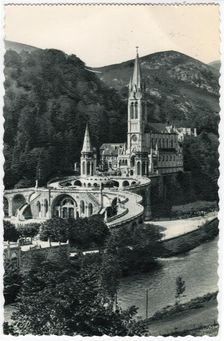 Basilica and River Gave, Lourdes, 1930s. Creator: Unknown