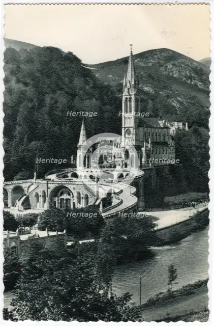 Basilica and River Gave, Lourdes, 1930s. Creator: Unknown.