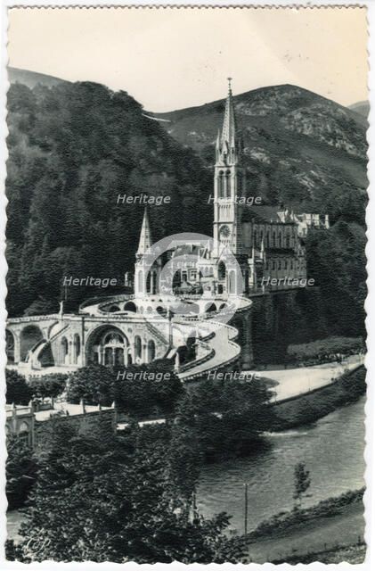 Basilica and River Gave, Lourdes, 1930s. Creator: Unknown.