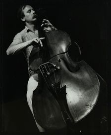 Bassist Paul Bridge playing at The Stables, Wavendon, Buckinghamshire. Creator: Denis Williams