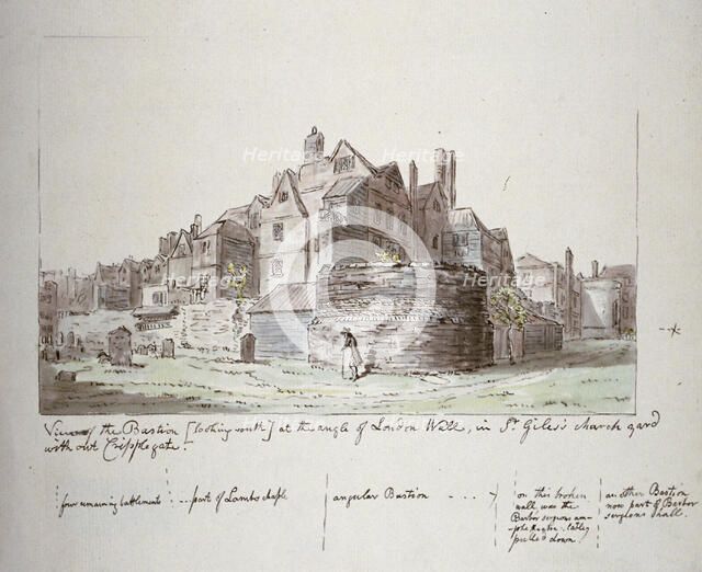 Bastion at the angle of London Wall, St Giles without Cripplegate churchyard, City of London, 1779. Artist: John Carter
