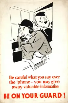 Be careful what you say over the phone - you may give away...WWII poster, between 1939 and 1946. Creator: Central Office of Information
