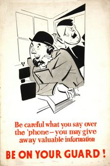 Be careful what you say over the phone - you may give away...WWII poster, between 1939 and 1946. Creator: Central Office of Information