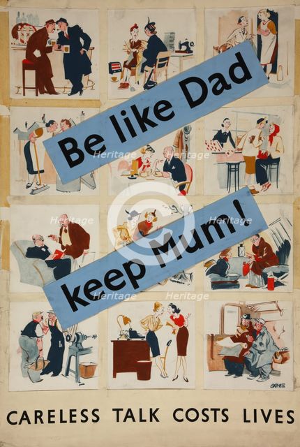 'Be like dad - keep mum!', WWII poster. between 1939 and 1946. Creators: Central Office of Information, Leslie Grimes.