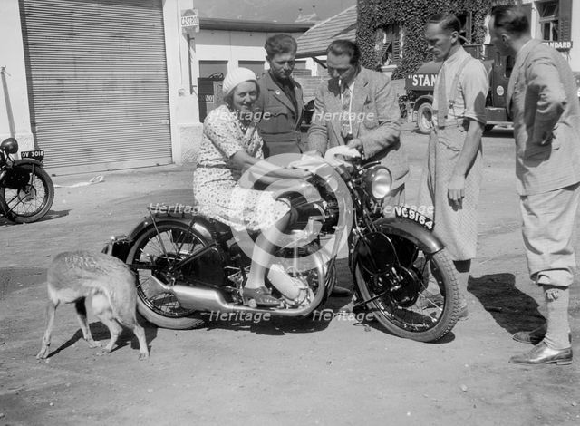 Betty Lemitte on a 499 cc Rudge Ulster motorcycle, 1930s. Artist: Bill Brunell.