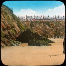 Beach and cliffs, Newquay, Cornwall, late 19th or early 20th century. Artist: Church Army Lantern Department