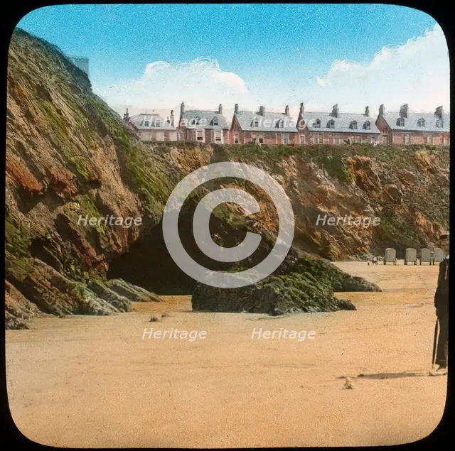 Beach and cliffs, Newquay, Cornwall, late 19th or early 20th century. Artist: Church Army Lantern Department