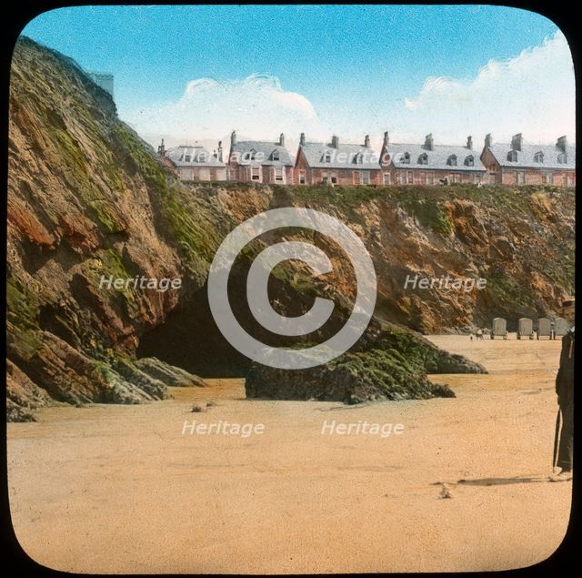 Beach and cliffs, Newquay, Cornwall, late 19th or early 20th century. Artist: Church Army Lantern Department