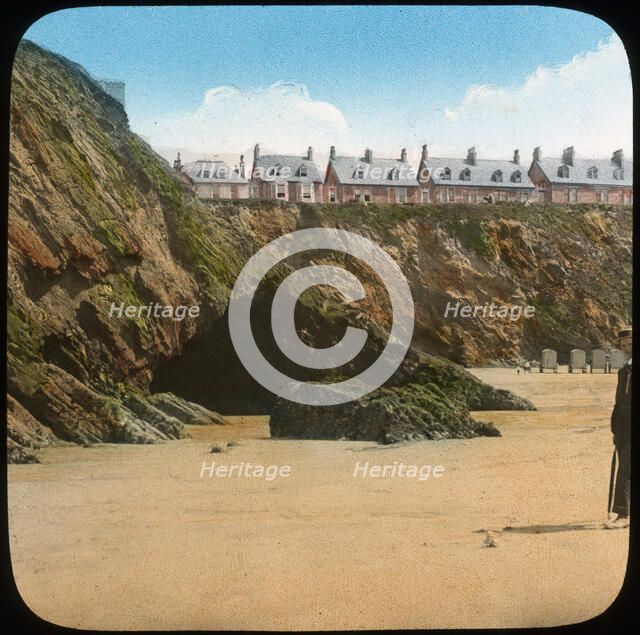 Beach and cliffs, Newquay, Cornwall, late 19th or early 20th century. Artist: Church Army Lantern Department