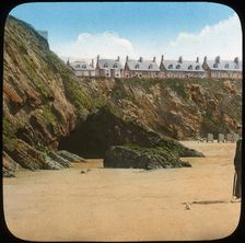 Beach and cliffs, Newquay, Cornwall, late 19th or early 20th century. Artist: Church Army Lantern Department