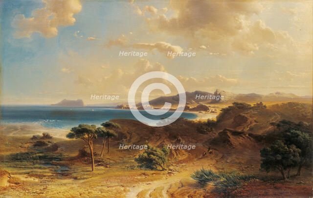 Beach at Estepona with a View of the Rock of Gibraltar. Artist: Bamberger, Fritz (Friedrich) (1814-1873)