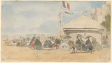 Beach House with Flags at Trouville, c. 1865. Creator: Eugene Louis Boudin
