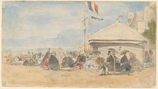 Beach House with Flags at Trouville, c. 1865. Creator: Eugene Louis Boudin