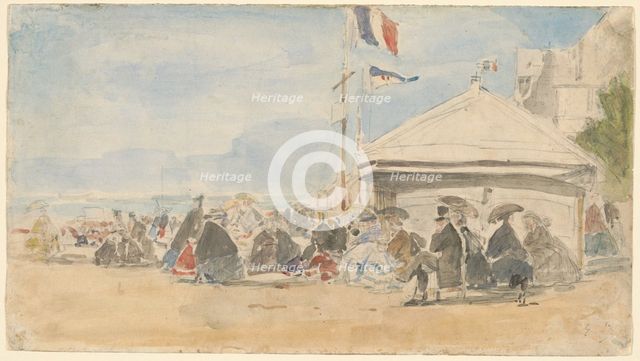 Beach House with Flags at Trouville, c. 1865. Creator: Eugene Louis Boudin.