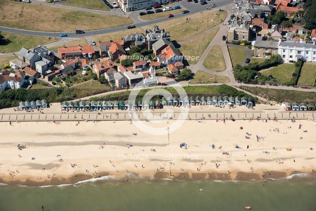 Beach huts on the sea front just below Gun Hill, Southwold, Suffolk, 2016. Creator: Damian Grady.