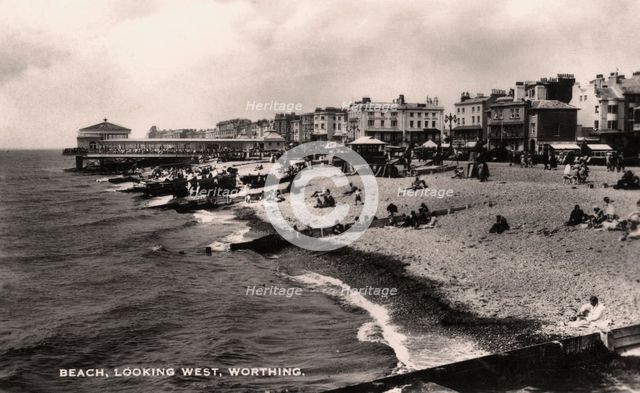 Beach, looking west, Worthing, Sussex, 1935. Artist: Unknown