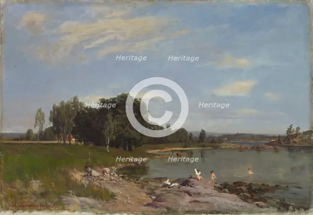 Beach landscape, bathing children, 1872. Creator: Berndt Lindholm.