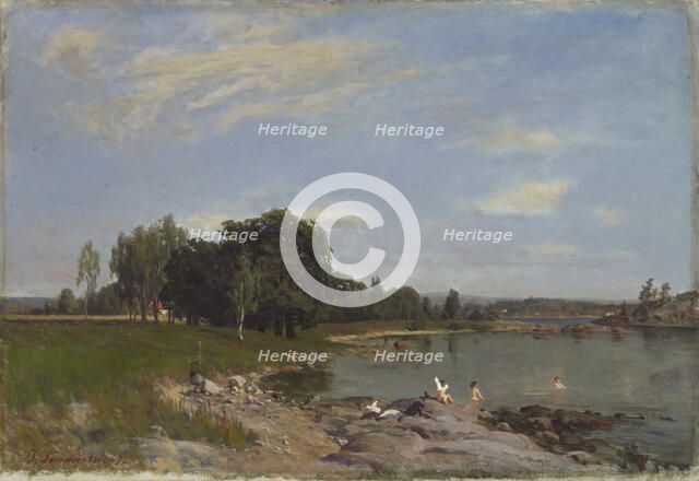 Beach landscape, bathing children, 1872. Creator: Berndt Lindholm.