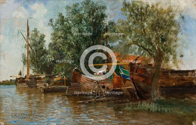 Beach scene with boats, late 19th-early 20th century. Creator: Aleksandr Karlovich Beggrov.