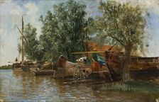 Beach scene with boats, late 19th-early 20th century. Creator: Aleksandr Karlovich Beggrov