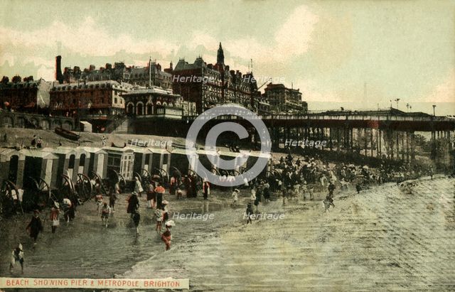 'Beach Showing Pier & Metropole, Brighton', late 19th-early 20th century.  Creator: Unknown.