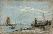 Beach with Fishing Boats (recto); Landscape with Farmer Plowing a Field (verso), 1870/79. Creator: Eugene Louis Boudin