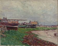 Beach village and boats. Creator: Alfred William Finch
