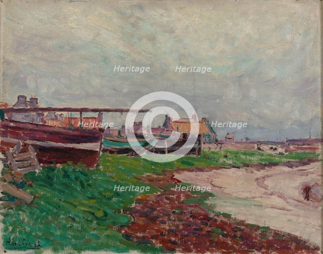 Beach village and boats. Creator: Alfred William Finch.
