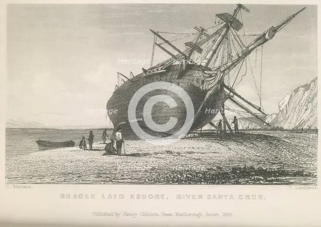 Beagle laid ashore, River Santa Cruz, 1834 (1839).  Creator: Thomas Landseer.